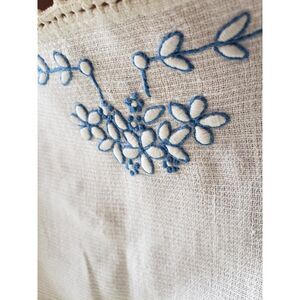 Hand Embroidered Tea Towel Cluny Lace White Blue Flowers Cotton Floral 1940s